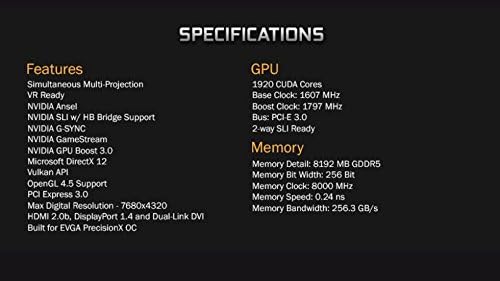 EVGA GeForce GTX 1070 FTW Gaming ACX 3.0, 8 GB GDDR5, RGB LED, 10cm вентилатор, 10 фази на моќност, двојно BIOS, DX12 OSD Graphics Card 08G-P4-6276-KR