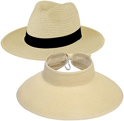 2 пакувања Сончеви капи за жени широки слама панама капа федора лето плажа Сонце капа upf 50+ женска слама визир