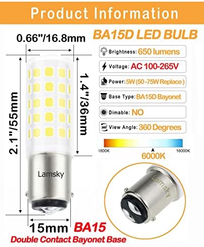 LAMSKY BA15D LED Сијалица 7.5 W Дневна Светлина Бела 6000K 120V, 75W 80W Халоген Еквивалент, B15 Двоен Контакт Бајонет База Шиење