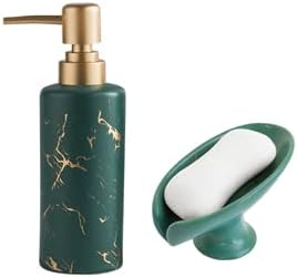 Мермер златен сапун диспензерот и сапунот за сапун поставени за бања или кујна, зелени керамички додатоци со мермерна шема, лесен