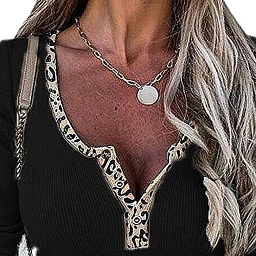 Нова женска леопард Splice v вратот на копчето за трикотажа на вратот на горната женска маица