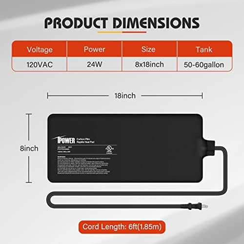 Ipower 8x18 инчи 24W под грејачот на резервоарот потопол, 50-60 галон терариум топлинска мат за амфибиски, растителни кутии или други мали животни,