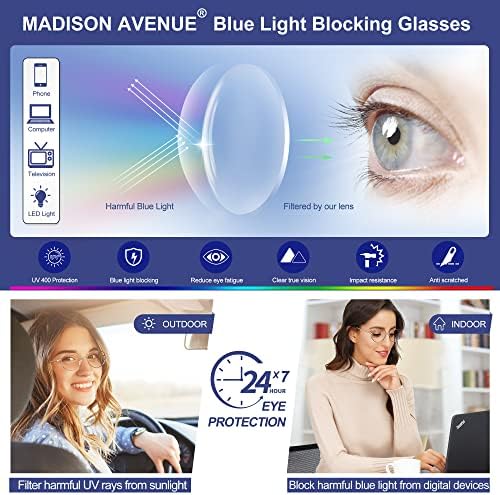 Медисон Авенија Ретро Круг Сина Светлина Блокирање Очила Со Случај За Жени, Дизајнер Метал Компјутер Очила