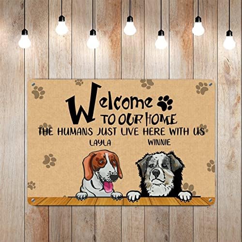 Alioyoit Смешно кучиња метални знаци на сопствени кучиња име добредојде во нашиот дом луѓето овде со нас Симпатично кутре кучиња знак