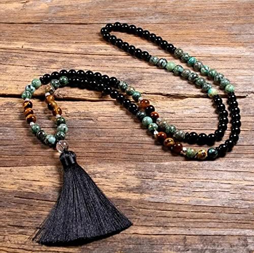 Th Smart -108 мониста Мала молитва tassel ѓердан-африкански тиркизен заздравувачки ѓердан-црна опсесидијан скапоцен камен со камења