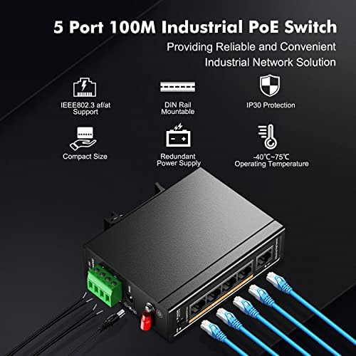 MokerLink 5 Port PoE+ Industrial DIN Rail Switch, 4 порти POE+ IEEE802.3Af/at, 1 uplink, 10/1 100Mbps Брз Етернет, Дин-железница